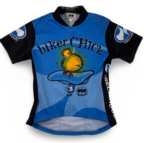 Precarious Biker Chick Cycling Jersey Women's Medium Blue Full Zip Bike Shirt